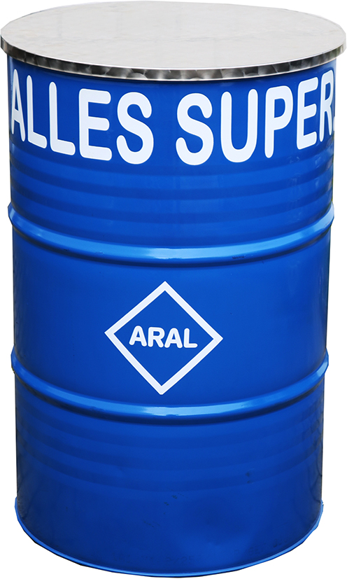 Stehtisch-, Blechfass "ARAL"  mit Alutischplatte, 91cm höhe